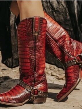 Freebird by Steven Lusitano Red Croc-Embossed Leather Heeled Boots